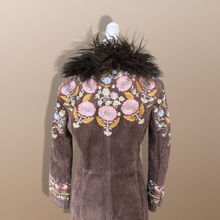 Load image into Gallery viewer, Vintage Deadstock Embroidered Pink Floral Brown Suede and Mongolian Lamb Coat Small Petite