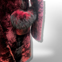 Load image into Gallery viewer, Genuine Fur Hooded Coat Shearling and Fox Fur Bergundy Iridescent and Black Gothic Ombré Victorian