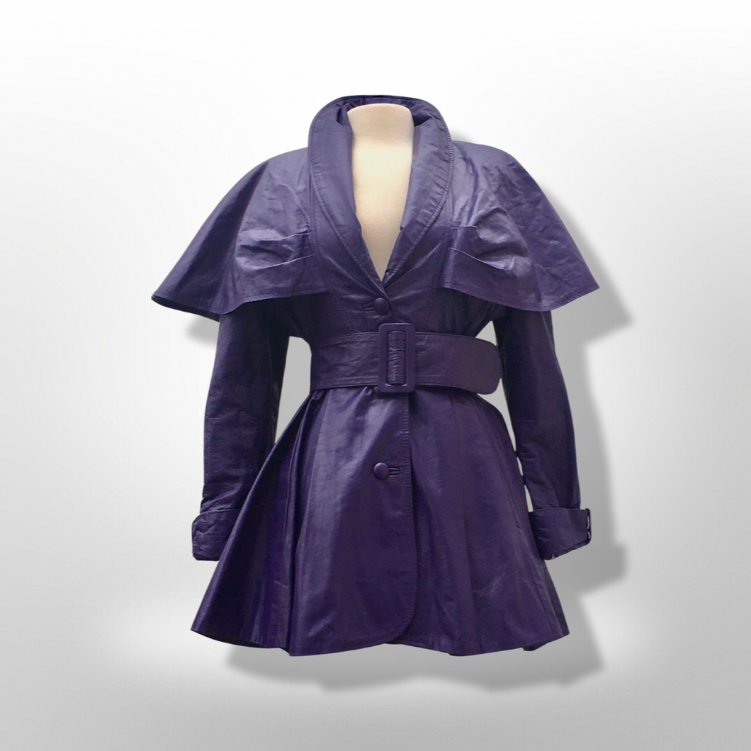 Rare Vintage Women's Coat- 70s 80s Purple Violet Leather Trench Dress Coat Jacket Studio 54 Fit Flare Spy Length 3/4 Princess Price: Rare Vintage Women's Coat- 70s 80s Purple Violet Leather Trench Dress Coat Jacket Studio 54 Fit Flare Spy Length 3/4 Princess Price: