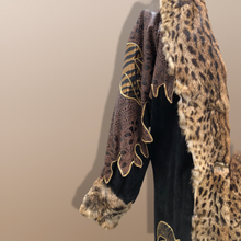 Load image into Gallery viewer, 80’s Does 20’s Cocoon Suede and Leather Gold Leaf Coat and Spotted Genuine Fur Serval Leopard Work of Art Coat