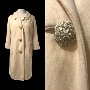 60’s White Cream Bataldi Wool Swing Coat with Large Crystal Buttons