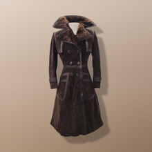 Load image into Gallery viewer, 60’s 70’s Suede Trench with Shearling Collar Made in Brazil Princess Fit and Flare