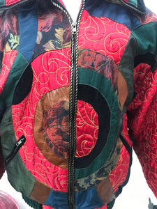 Vintage 80’s 90’s Neiman Marcus Puffer Real Down Feather Filled Mixed Media Red Nylon Tooled Leather and Velvet Chubby Coat Apres Ski