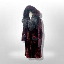 Load image into Gallery viewer, Genuine Fur Hooded Coat Shearling and Fox Fur Bergundy Iridescent and Black Gothic Ombré Victorian
