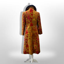 Load image into Gallery viewer, 60s 70s Vintage Gold And Red Floral Carpet Tapestry Coat Velvet Sherpa Boho Chic Burning Man Woodstock Russian Princess Sergeant Pepper's