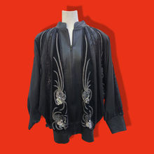 Load image into Gallery viewer, Vintage Glam 80’s Couture Neiman Marcus Leather Dolman Batwing Cocoon Black Leather Suede Hand Beaded Sequined Jacket Studio 54 80’s Iman Style One Size Fits Most