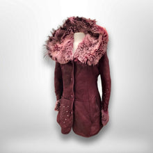 Load image into Gallery viewer, Italian made Purple Bergundy Lamb Leather and Shearling Hooded Studded Coat Jacket