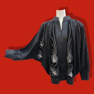 Vintage Glam 80’s Couture Neiman Marcus Leather Dolman Batwing Cocoon Black Leather Suede Hand Beaded Sequined Jacket Studio 54 80’s Iman Style One Size Fits Most