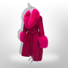 Load image into Gallery viewer, Vibrant Pink Leather and Fox Fur Trench Fit and Flare Pinup Coat