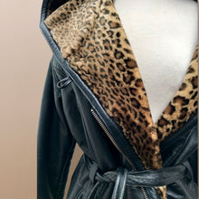 Load image into Gallery viewer, Black Leather Hooded Belted Faux Fur Leopard Pattern Lining Extra Cozy and Oversized