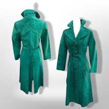 Load image into Gallery viewer, Emerald Green Suede 70’s Coat Rounded Collar Studio 54 Trench Spy Coat