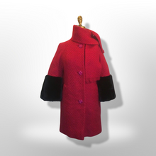 Load image into Gallery viewer, 60&#39;s Vintage Red Wool Coat A-Line With Sheared Beaver Fur Bell Sleeve Cuffs and Removable Scarf