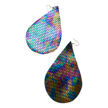 Load image into Gallery viewer, Handmade Leather Thick Suede Dangle Earrings Extra Large Rain Drop Iridescent Mermaid Dragon Color 5” long
