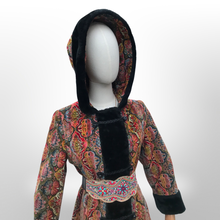 Load image into Gallery viewer, Vintage Hooded Tapestry Carpet Needlepoint Multi Color Rich Coat with Faux Fur Trim and Beaded Belt Boho Princess Boho Chic