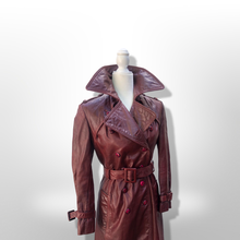 Load image into Gallery viewer, Vintage 70’s Leather Coat Trench Spy in Bergundy Oxblood Highly Detailed