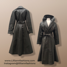 Load image into Gallery viewer, Italian Leather Coat Full Length Scalloped Collar Fit Flare Princess Belted