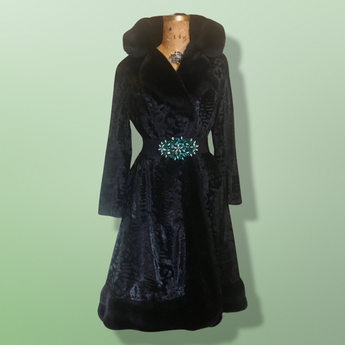 60s 70s Black Faux Fur Faux Persian Lamb Princess Coat Jeweled Belt Russian Princess M/L Boho