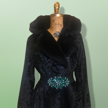 Load image into Gallery viewer, 60s 70s Black Faux Fur Faux Persian Lamb Princess Coat Jeweled Belt Russian Princess M/L Boho