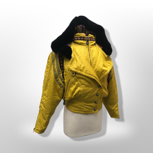 Load image into Gallery viewer, 80’s 90’s Yellow Mustard Hooded Ski Windbreaker Jacket Cropped Tapered Waist Southwestern Aztec Trim