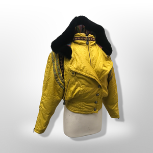 80’s 90’s Yellow Mustard Hooded Ski Windbreaker Jacket Cropped Tapered Waist Southwestern Aztec Trim