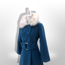 Load image into Gallery viewer, 60’s 70’s Velveteen Blue Coat Vegan Faux Fur Belted