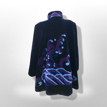 Load image into Gallery viewer, Black Fur Sheared Beaver Coat Made full pelts with Blue And Purple Ocean Scene Intarsia Made in Canada Nordstrom New Yorker Zuki