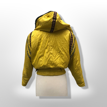 Load image into Gallery viewer, 80’s 90’s Yellow Mustard Hooded Ski Windbreaker Jacket Cropped Tapered Waist Southwestern Aztec Trim