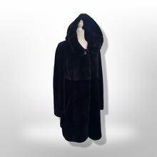 Load image into Gallery viewer, Jet Black Hooded Mink and Shearling Luxury Coat with Rhinestone Button