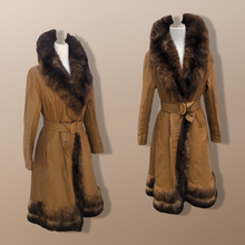 Load image into Gallery viewer, 70’s Caramel Leather Coat with Genuine Fur Trim Princess Fit and Flare Style