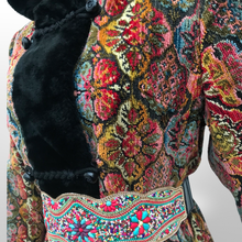Load image into Gallery viewer, Vintage Hooded Tapestry Carpet Needlepoint Multi Color Rich Coat with Faux Fur Trim and Beaded Belt Boho Princess Boho Chic