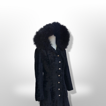 Load image into Gallery viewer, 70’s Vintage Black Princess Shearling and Faux Astrakhan Lamb Fabric hooded Fit and Flare Boho