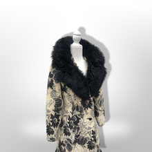 Load image into Gallery viewer, 70’s Tapestry Carpet Floral Black and White Coat with Black Shearling Trim Penny Lane Boho Hippy Chic