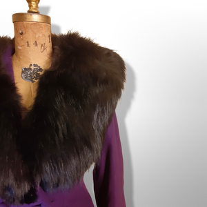 Vintage Women's New Look 40s Purple Violet Princess Pinup Pinup Coat Full Skirted Massive Fox Fur Film Noir Golden Age Old Hollywood Glamour