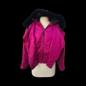 80’s 90’s Hot Pink Hooded Ski Windbreaker Jacket Cropped Tapered Waist Southwestern Aztec Trim