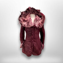 Load image into Gallery viewer, Italian made Purple Bergundy Lamb Leather and Shearling Hooded Studded Coat Jacket