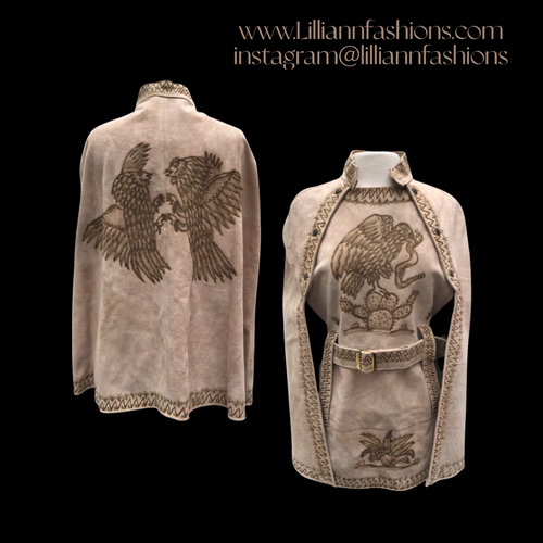 70’s Suede Cape Poncho with Embossed Predator Hawk Eating Snake with Cactus Native Southwestern Style Inspired One of a Kind Cowgirl