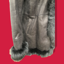 Load image into Gallery viewer, New Black Suede Shearling Lined Fox Fur Trim Luxury Coat