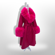 Load image into Gallery viewer, Vibrant Pink Leather and Fox Fur Trench Fit and Flare Pinup Coat