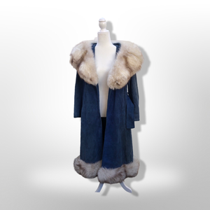 1970’s Vintage Blue Suede and Fox Fur Belted Bohemian Boho Chic Princess Hippy Burning Man Coachella Festival Fall Winter Coat