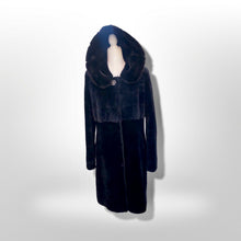 Load image into Gallery viewer, Jet Black Hooded Mink and Shearling Luxury Coat with Rhinestone Button