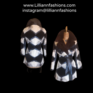 Vintage Women's Coat- Mod Dramatic 60s Cross Mink White Black Leather Mosaic Geometric Princess Jacket Coat