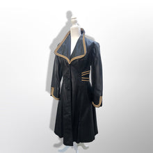 Load image into Gallery viewer, 70’s Leather Black Trench Spy Coat with Gold Braided Leather Trim