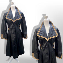 Load image into Gallery viewer, 70’s Leather Black Trench Spy Coat with Gold Braided Leather Trim