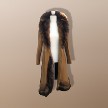 Load image into Gallery viewer, 70’s Caramel Leather Coat with Genuine Fur Trim Princess Fit and Flare Style