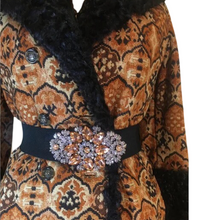 Load image into Gallery viewer, Women's Vintage Coat- Tapestry Orange Needlepoint Carpet Curly Lamb Orange Black Princess Penny Lane Almost Famous 60s 70s Small