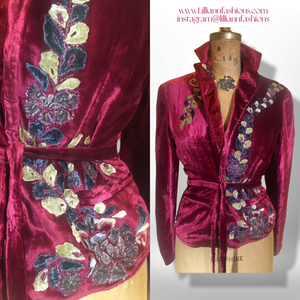 Vintage Red Bergundy Beaded and Embroidered Blazer Top Jacket Floral Holiday Christmas Thanksgiving