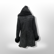 Load image into Gallery viewer, Black Hooded Shearling Suede Coat Alligator Print with Full Shearling Lining
