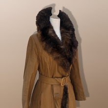 Load image into Gallery viewer, 70’s Caramel Leather Coat with Genuine Fur Trim Princess Fit and Flare Style