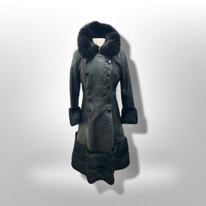 60’s 70’s Black Leather and Fur Coat Princess Sergeant Pepper From Mod to Boho Made in the UK