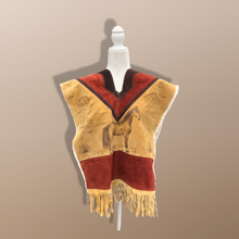Load image into Gallery viewer, 70’s Suede Poncho Cape Equestrian Serape with Carved Horse Scene Mint Condition Fringe Border One Size Fits All Cowboy Cowgirl Unisex Southwestern Mexican Native Boho One of A Kind